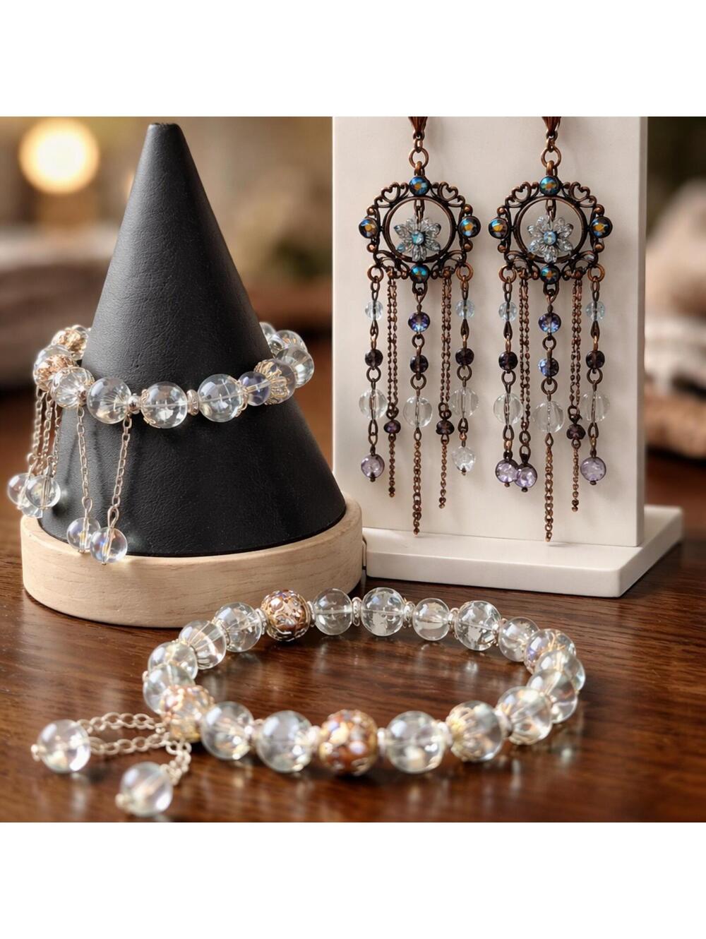 Elegant Blue Crystal Chandelier Earrings with Clear Bead Bracelets Set